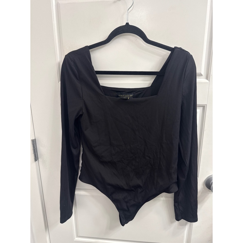 House of Harlow 1960 Black Ribbed Square Neck Long Sleeve Bodysuit Womens Large